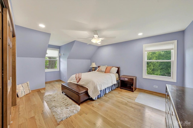 11 N Meadow Ct, South Barrington, IL 60010 - bedroom featuring baseboards, light wood-style flooring, ceiling fan, vaulted ceiling, and recessed lighting