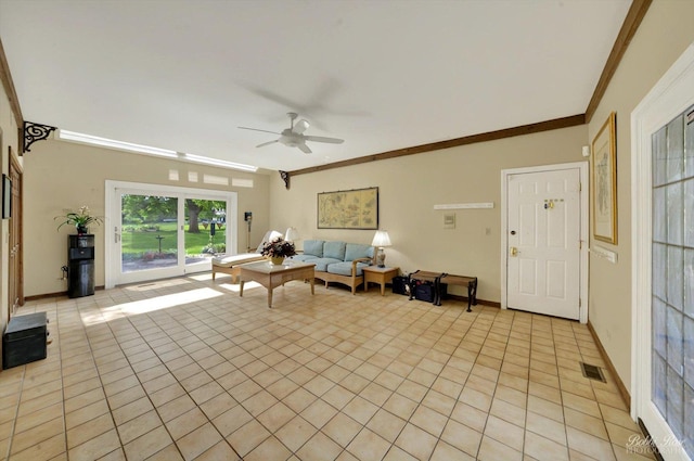 11 N Meadow Ct, South Barrington, IL 60010 - living room featuring light tile patterned flooring, crown molding, and a ceiling fan