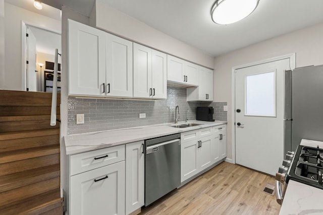 559 Coolidge Ave, Glen Ellyn, IL 60137 - kitchen with appliances with stainless steel finishes, a sink, tasteful backsplash, white cabinets, and light wood-type flooring
