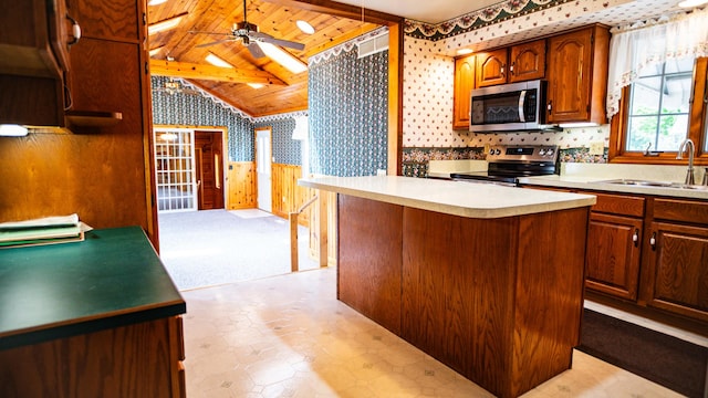 214 W Watson St, Forrest, IL 61741 - kitchen featuring appliances with stainless steel finishes, wallpapered walls, a sink, lofted ceiling, and a wainscoted wall