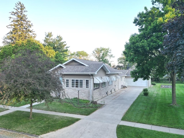 214 W Watson St, Forrest, IL 61741 - ranch-style house featuring a front lawn, stone siding, a garage, and roof with shingles
