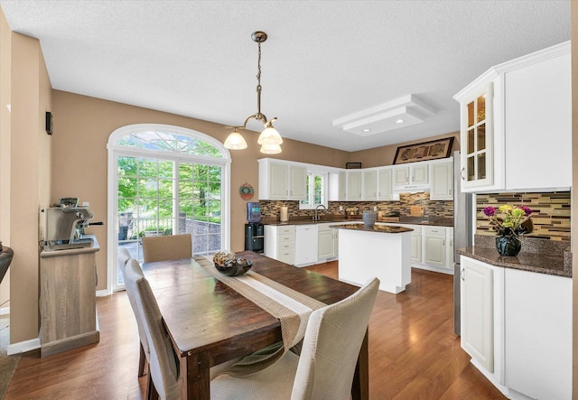 dining room featuring wood finished floors, plenty of natural light, and a textured ceiling