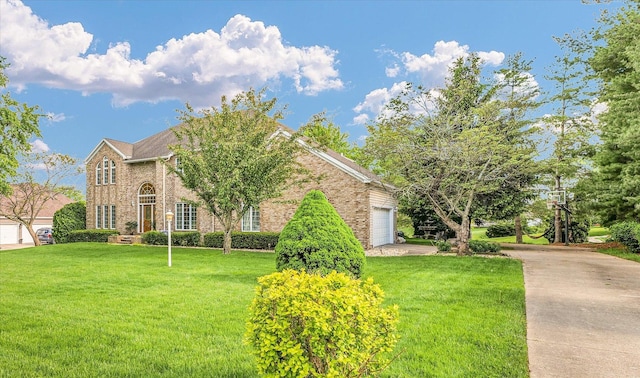 view of home's exterior with brick siding, a lawn, an attached garage, and concrete driveway