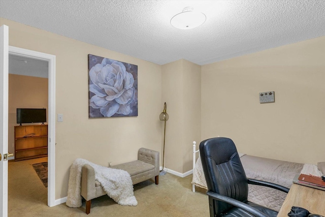 office space with carpet, a textured ceiling, and baseboards