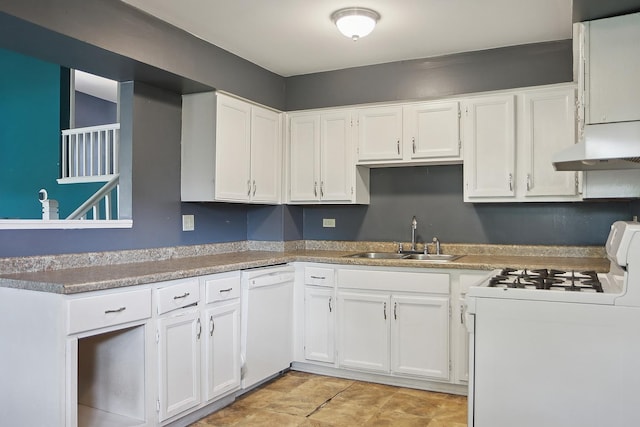 561 Minette Ln, Chicago Heights, IL 60411 - kitchen with white appliances, white cabinetry, under cabinet range hood, and light countertops