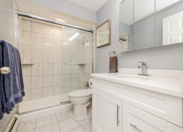 11102 S 84th Ave Unit 2B, Palos Hills, IL 60465 - bathroom featuring a baseboard radiator, marble finish flooring, toilet, and a shower stall