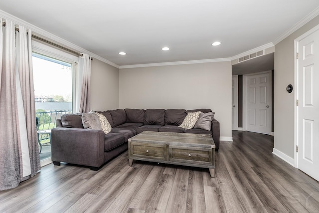 11102 S 84th Ave Unit 2B, Palos Hills, IL 60465 - living area with wood finished floors, crown molding, baseboards, and recessed lighting