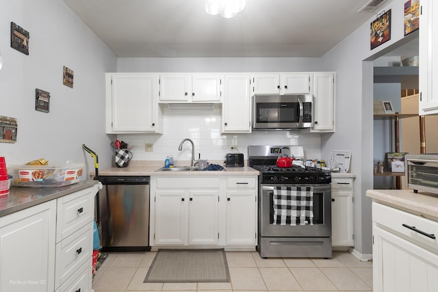 kitchen featuring white cabinetry, tasteful backsplash, appliances with stainless steel finishes, and a sink