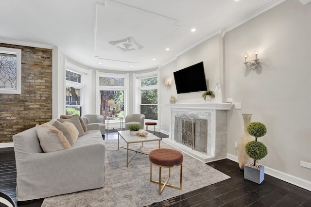 435 W Roslyn Pl Unit 2E, Chicago, IL 60614 - living room featuring wood finished floors, a fireplace with raised hearth, ornamental molding, and recessed lighting