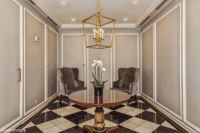 1255 N State Pkwy Unit 4G, Chicago, IL 60610 - sitting room featuring a chandelier, inlaid floor details, a decorative wall, dark tile patterned flooring, and crown molding