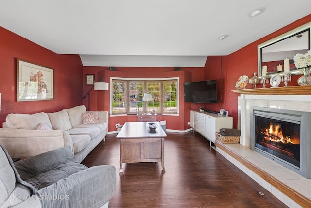29W107 Lakeside Dr, Naperville, IL 60564 - living room featuring baseboards, a fireplace, and dark wood-type flooring