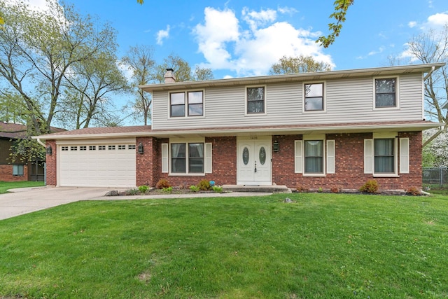 traditional-style home featuring an attached garage, concrete driveway, a chimney, and brick siding