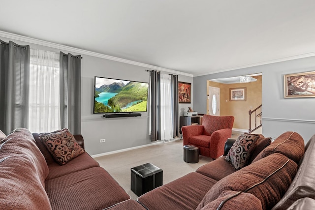 carpeted living room with crown molding and baseboards