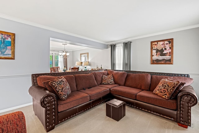 living area featuring ornamental molding, carpet flooring, a chandelier, and baseboards