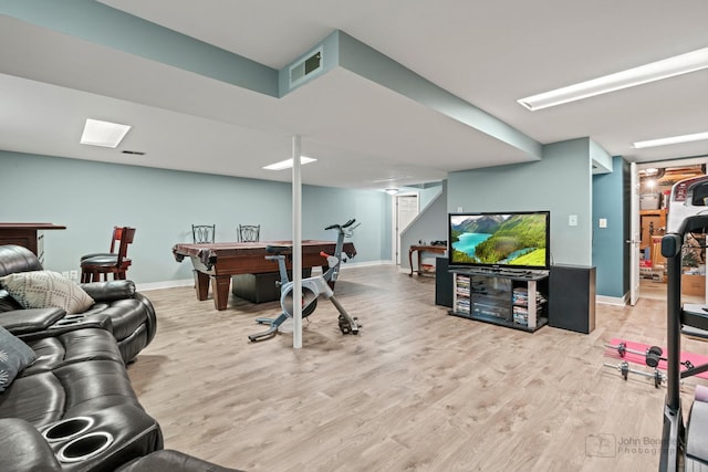 game room featuring pool table, wood finished floors, and baseboards