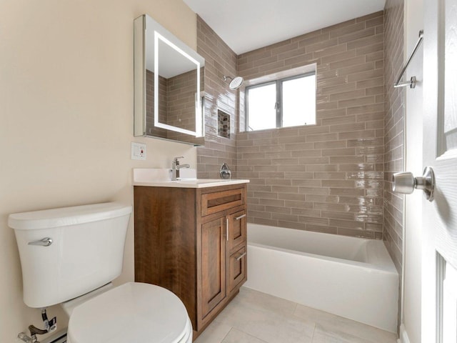 bathroom with toilet,  shower combination, tile patterned flooring, and vanity