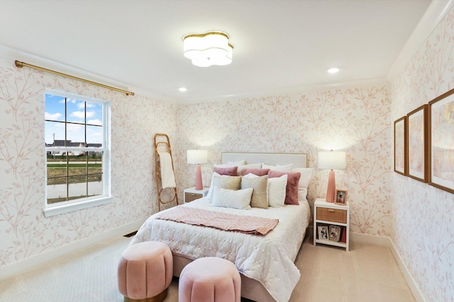 carpeted bedroom featuring wallpapered walls