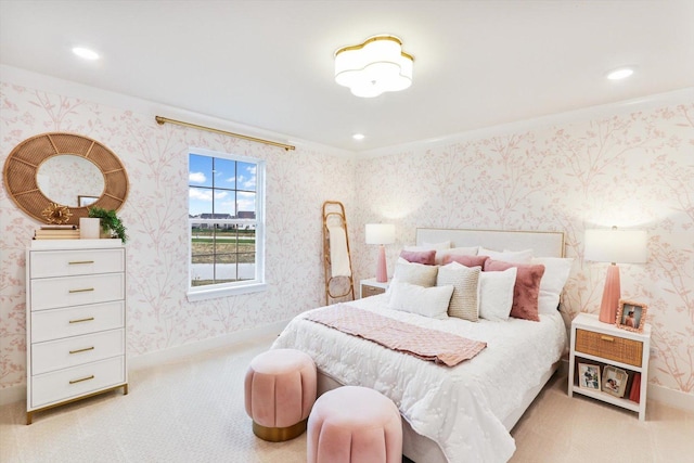 carpeted bedroom featuring recessed lighting, ornamental molding, baseboards, and wallpapered walls