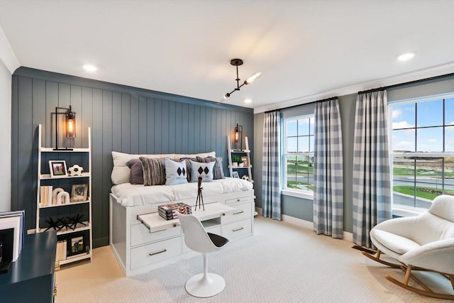 bedroom with recessed lighting, baseboards, and light colored carpet