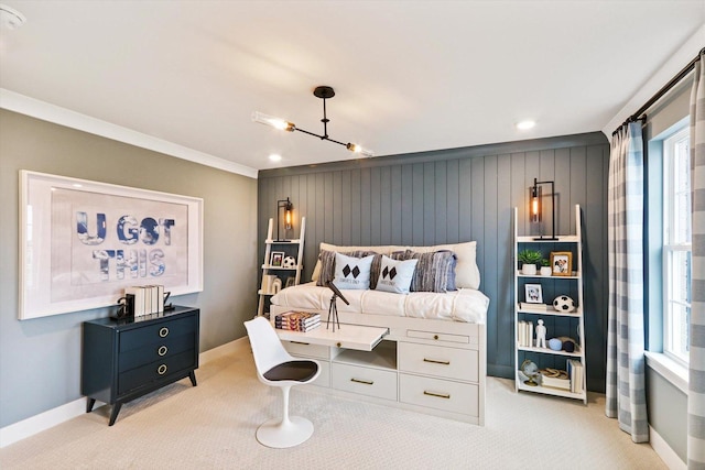 bedroom with light colored carpet, a notable chandelier, and recessed lighting