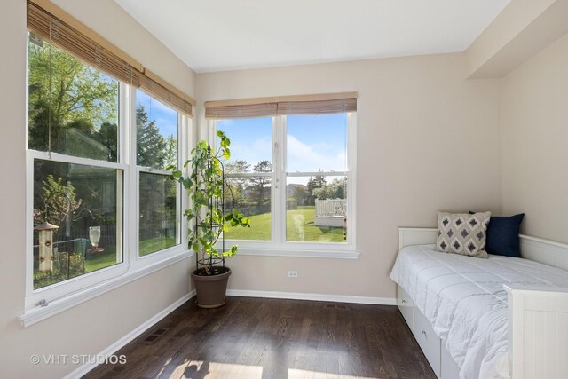 bedroom featuring dark wood-type flooring, multiple windows, and baseboards