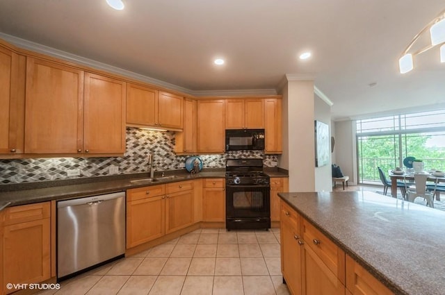 40 Prairie Park Dr Unit 206, Wheeling, IL 60090 - kitchen with black appliances, a sink, tasteful backsplash, crown molding, and light tile patterned flooring