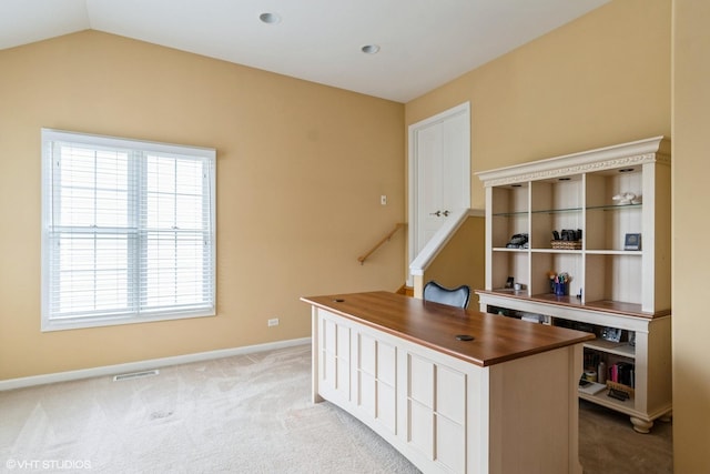 12116 Winterberry Ln, Plainfield, IL 60585 - office area with light carpet, baseboards, and vaulted ceiling