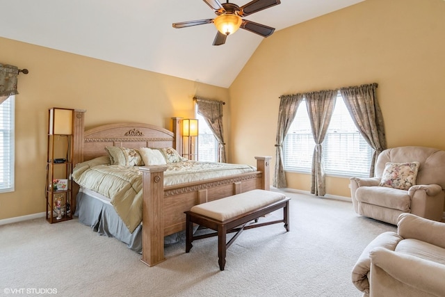 12116 Winterberry Ln, Plainfield, IL 60585 - bedroom with light colored carpet, multiple windows, vaulted ceiling, baseboards, and a ceiling fan