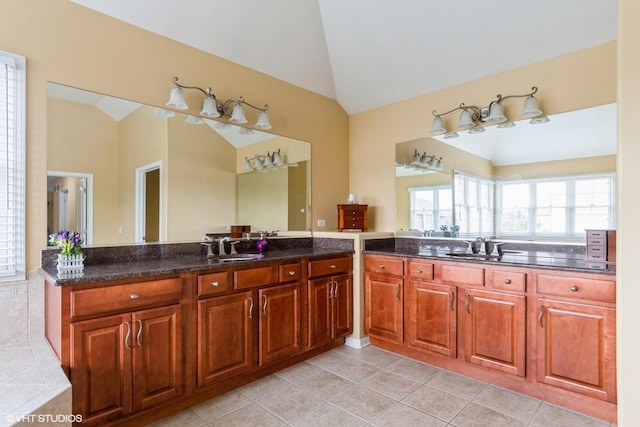 12116 Winterberry Ln, Plainfield, IL 60585 - bathroom with high vaulted ceiling, vanity, tile patterned floors, and a bath