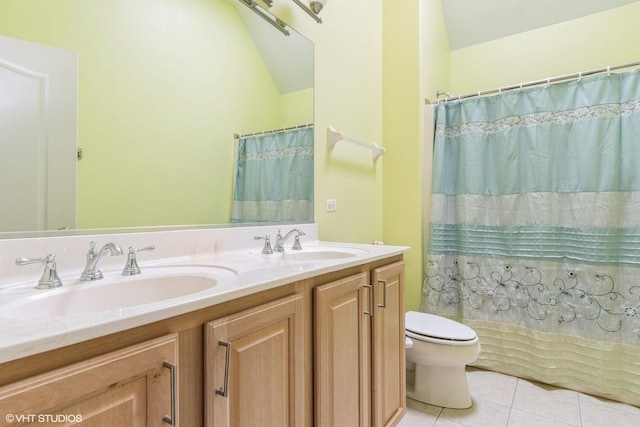 12116 Winterberry Ln, Plainfield, IL 60585 - bathroom with toilet, tile patterned floors, double vanity, and a shower with curtain