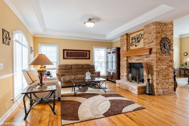 12116 Winterberry Ln, Plainfield, IL 60585 - living room with a raised ceiling, wood finished floors, ornamental molding, a stone fireplace, and healthy amount of natural light