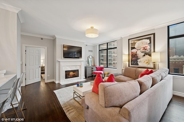 1122 N Dearborn St Unit 10A, Chicago, IL 60610 - living room with baseboards, ornamental molding, a fireplace, and dark wood-style floors
