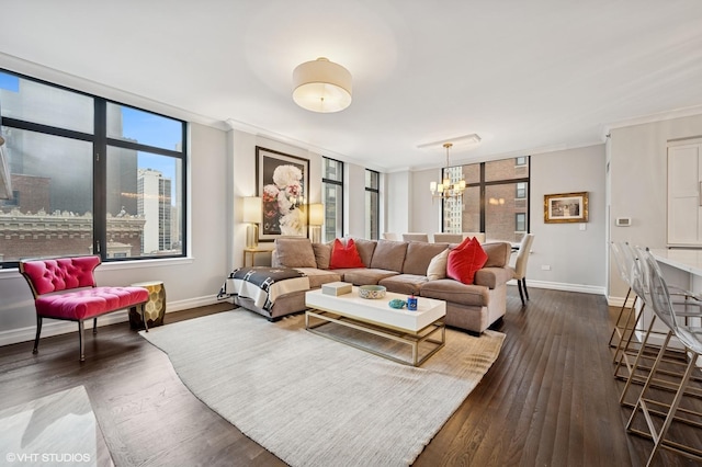 1122 N Dearborn St Unit 10A, Chicago, IL 60610 - living area with ornamental molding, a notable chandelier, dark wood-type flooring, and baseboards