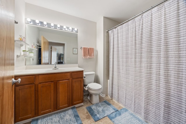 full bathroom featuring toilet, shower / tub combo, tile patterned flooring, and vanity