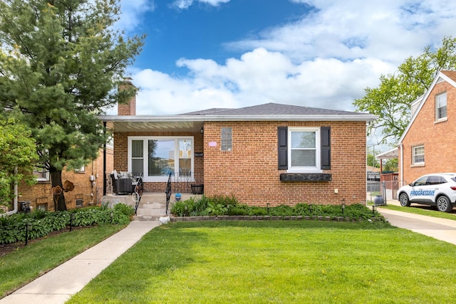 1612 Gardner Rd, Westchester, IL 60154 - bungalow with a chimney, a front yard, brick siding, and a porch