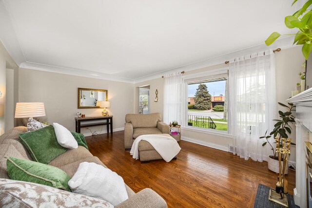 1612 Gardner Rd, Westchester, IL 60154 - living room featuring wood finished floors, baseboards, a fireplace with flush hearth, and crown molding