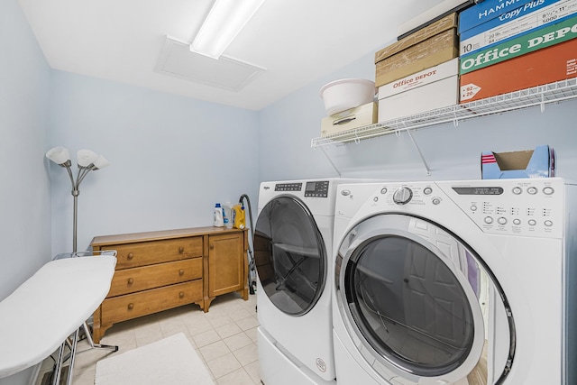 536 W Caldwell Dr, Round Lake, IL 60073 - laundry room featuring light tile patterned floors, laundry area, attic access, and washer and dryer