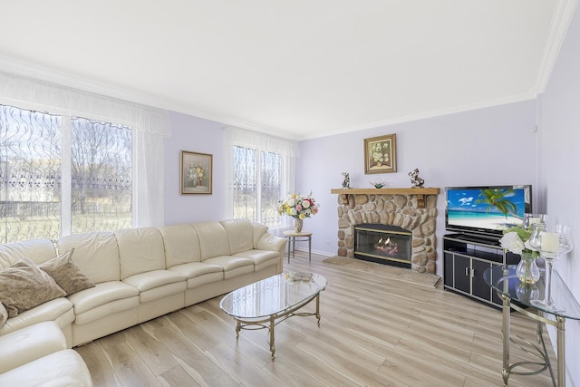 536 W Caldwell Dr, Round Lake, IL 60073 - living room featuring ornamental molding, baseboards, a stone fireplace, and wood finished floors