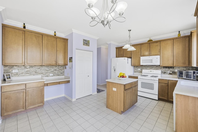536 W Caldwell Dr, Round Lake, IL 60073 - kitchen with backsplash, white appliances, crown molding, and a kitchen island