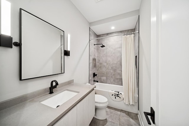 full bath with toilet, tile patterned flooring, shower / bathtub combination with curtain, vanity, and recessed lighting