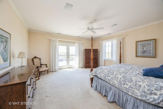 444 Ashland Ave Unit 5, River Forest, IL 60305 - bedroom featuring access to outside, light carpet, ornamental molding, multiple windows, and french doors