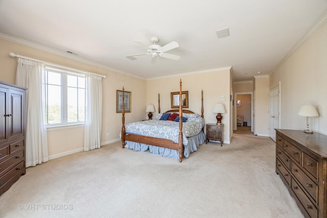 444 Ashland Ave Unit 5, River Forest, IL 60305 - bedroom with light colored carpet, ornamental molding, baseboards, and ceiling fan
