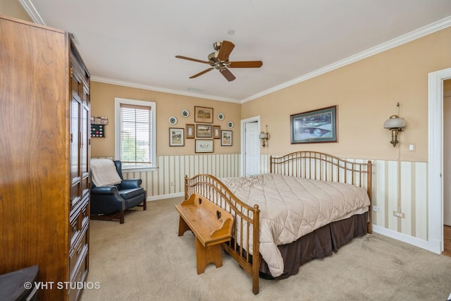 444 Ashland Ave Unit 5, River Forest, IL 60305 - bedroom with ornamental molding, carpet, baseboards, a wainscoted wall, and ceiling fan