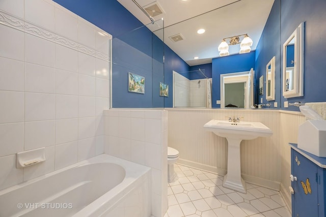 444 Ashland Ave Unit 5, River Forest, IL 60305 - full bathroom featuring tile patterned flooring, a bath, toilet, tiled shower, and recessed lighting
