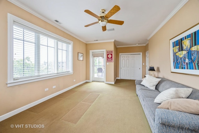 444 Ashland Ave Unit 5, River Forest, IL 60305 - living area featuring light carpet, baseboards, ornamental molding, and a ceiling fan