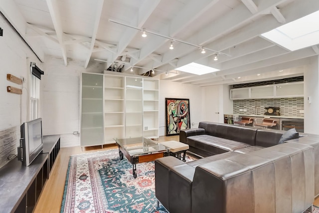living room with light wood-type flooring, a skylight, and track lighting