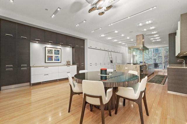 dining space with light wood finished floors and a wall of windows