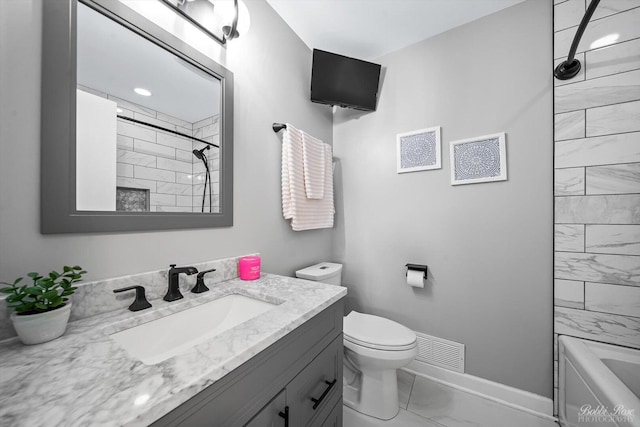 8S100 Washington St, Darien, IL 60561 - bathroom with marble look tile flooring, vanity, baseboards, toilet, and shower / tub combination