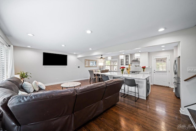 8S100 Washington St, Darien, IL 60561 - living area featuring dark wood-style flooring, recessed lighting, baseboards, and ceiling fan