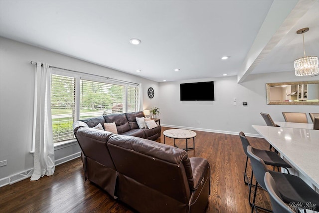 8S100 Washington St, Darien, IL 60561 - living room featuring baseboards, a chandelier, dark wood-style floors, and recessed lighting